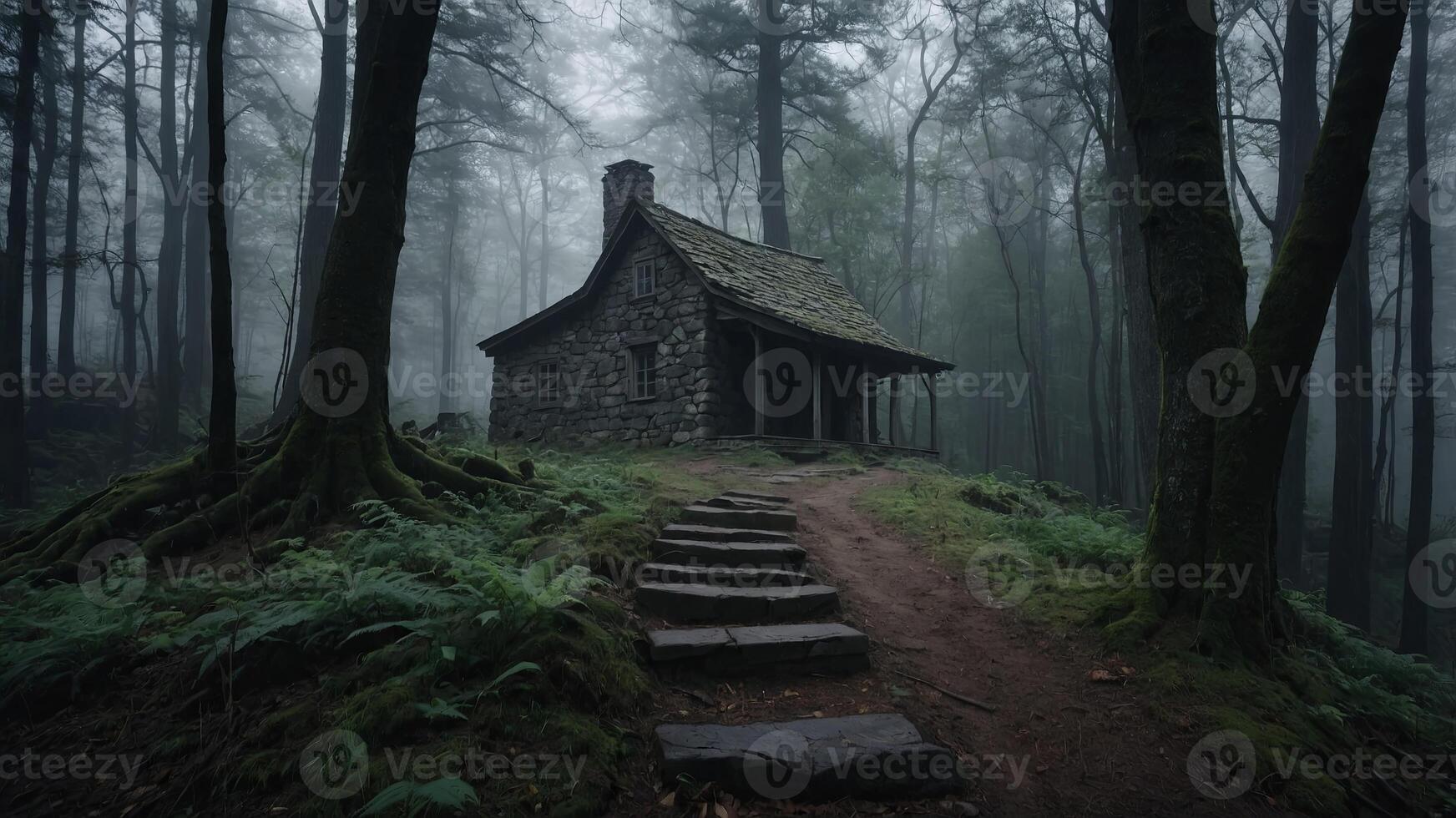 Small path leading to a dark stone cabin with wood roof Haunted forest Ghost woods Misty and foggy landscape. photo