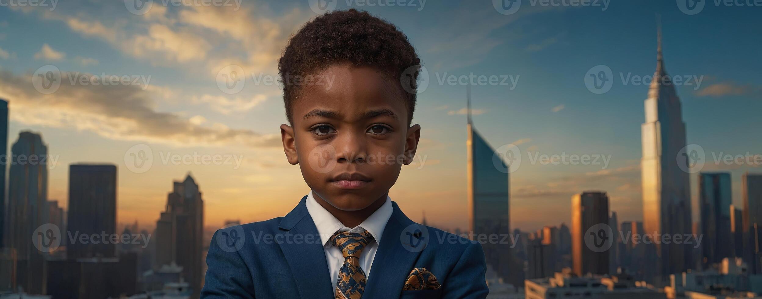 A confident young African American boy in a suit stands with arms crossed, embodying future leadership and potential The poised child, donned in formal attire,. photo