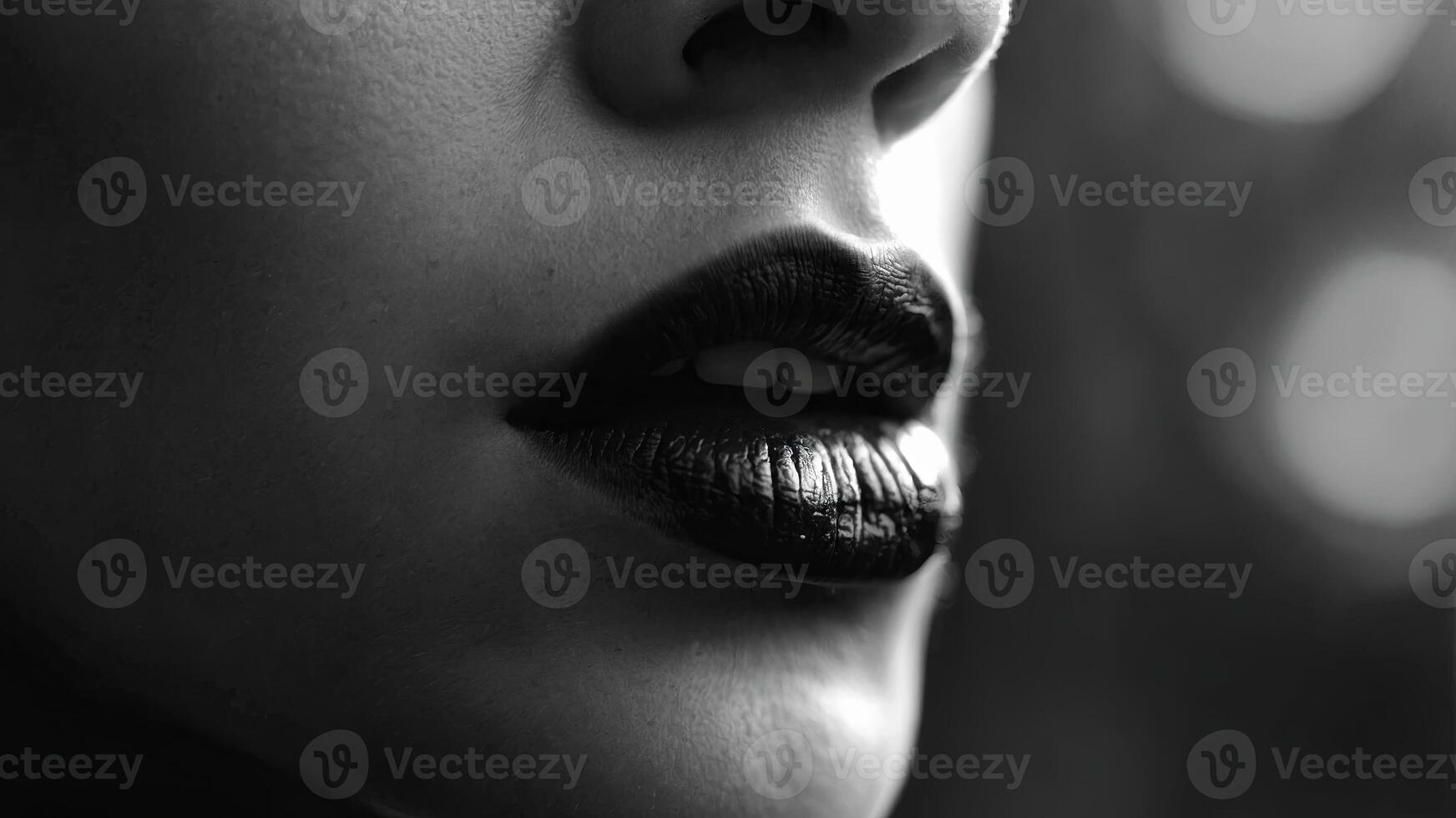 A dramatic black and white close-up of a person's finger on their lips, symbolizing silence and secrecy. photo
