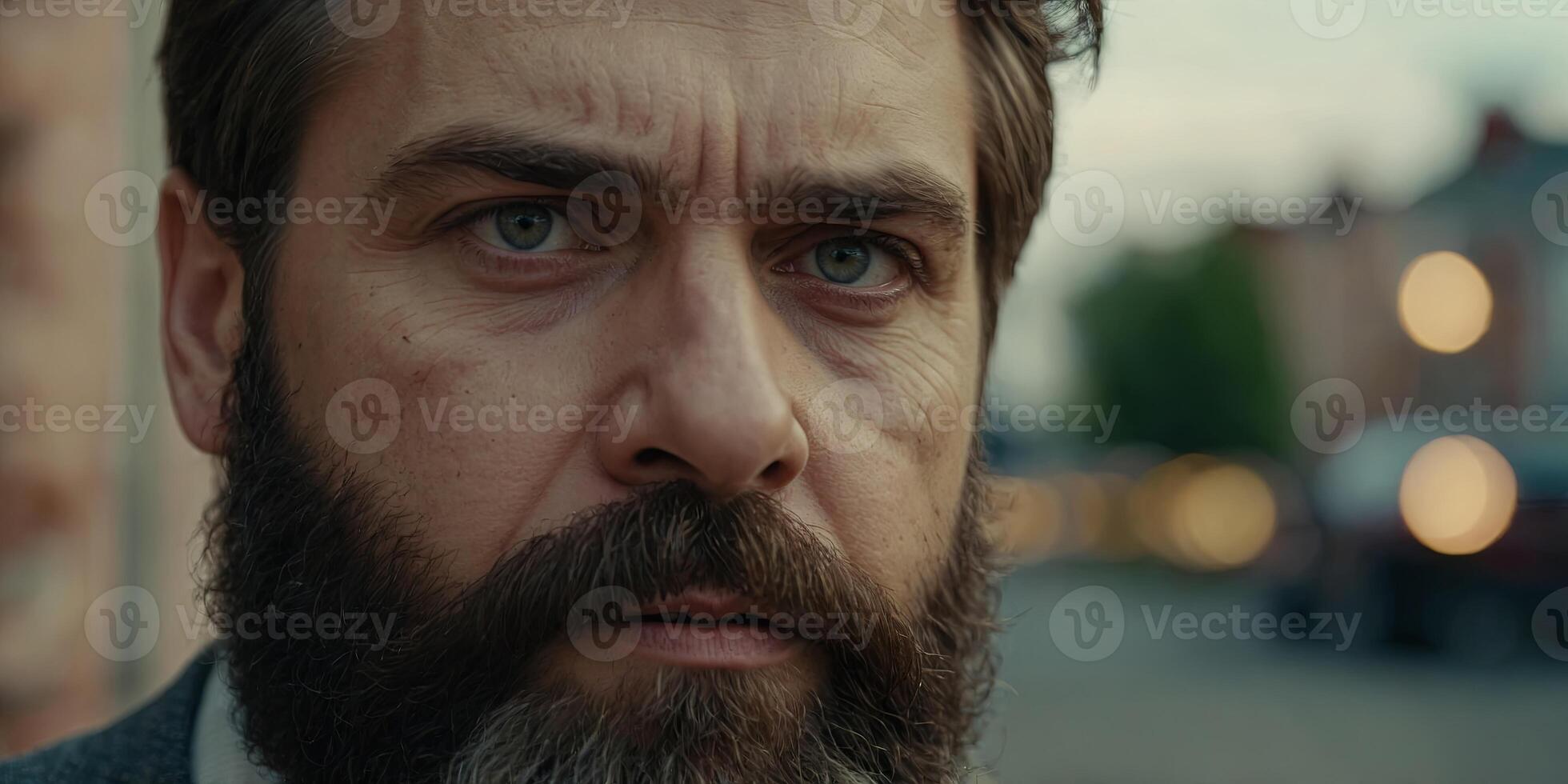 A cross-eyed bearded man is looking into the frame Eye disease The concept of an inexperienced specialist Spy neighbor. photo