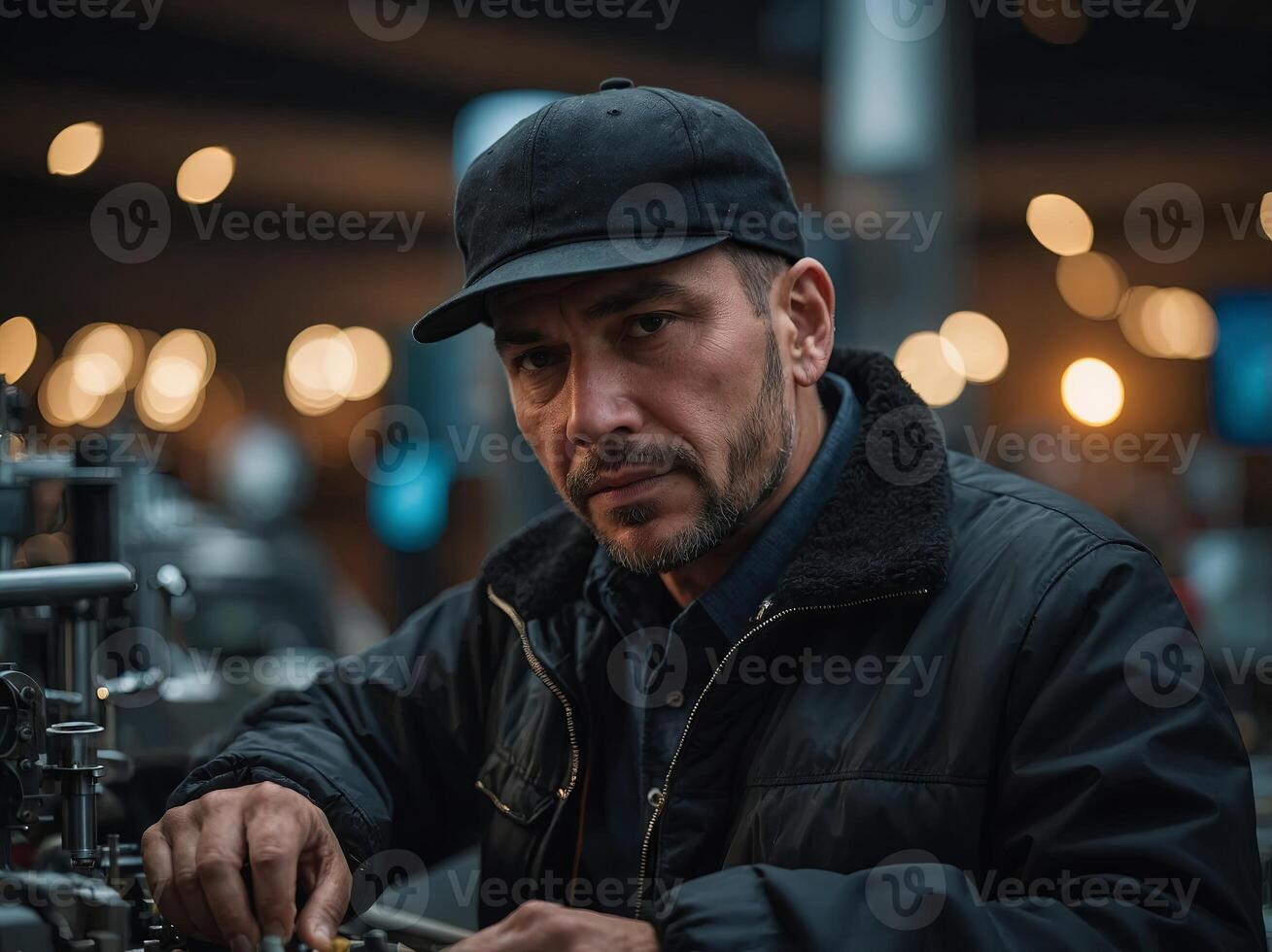 A man in a hat and a black jacket is working on a machine He is focused on his task and he is in a serious mood. photo