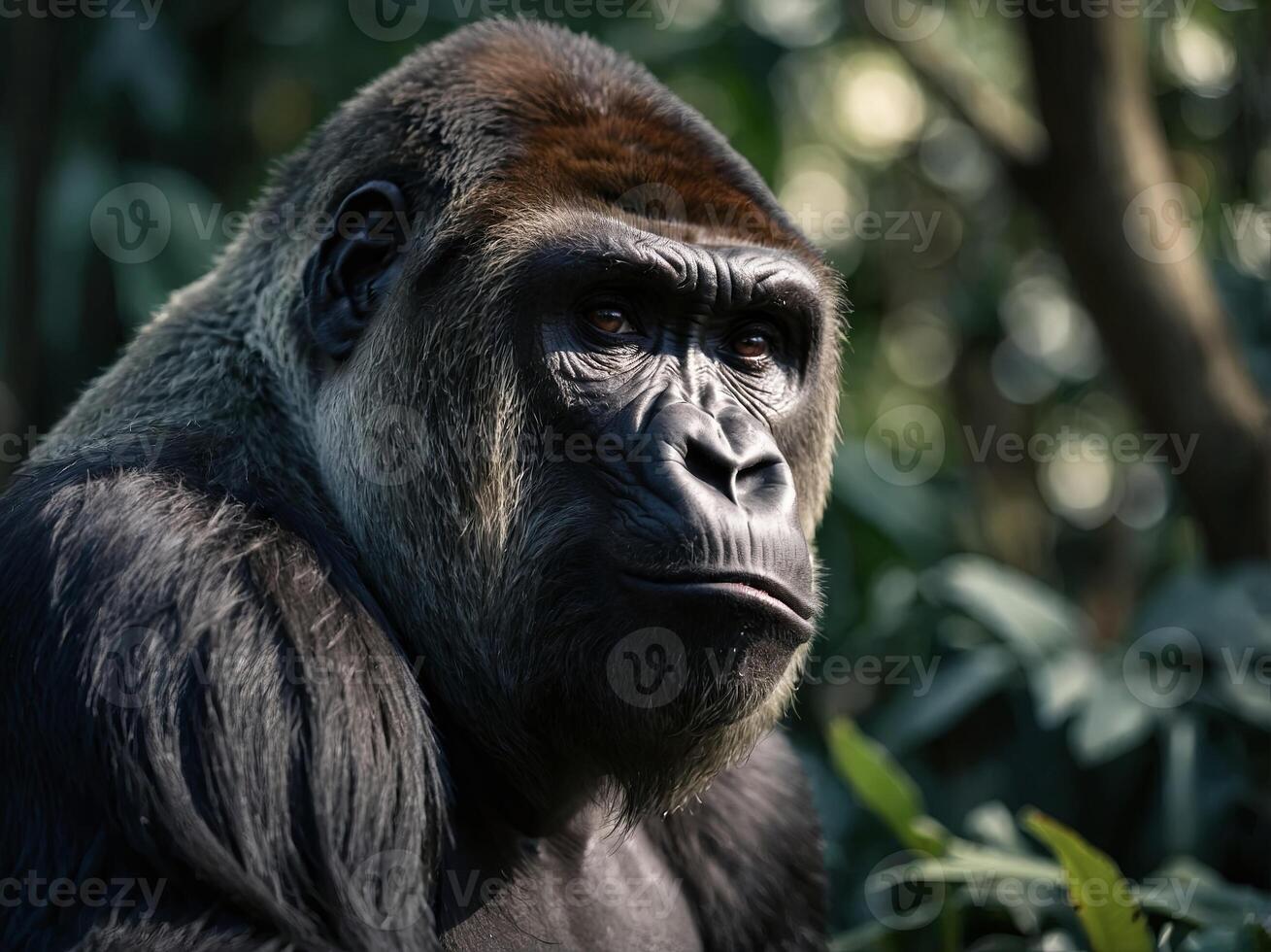A gorilla with an angry expression looking to his right. photo