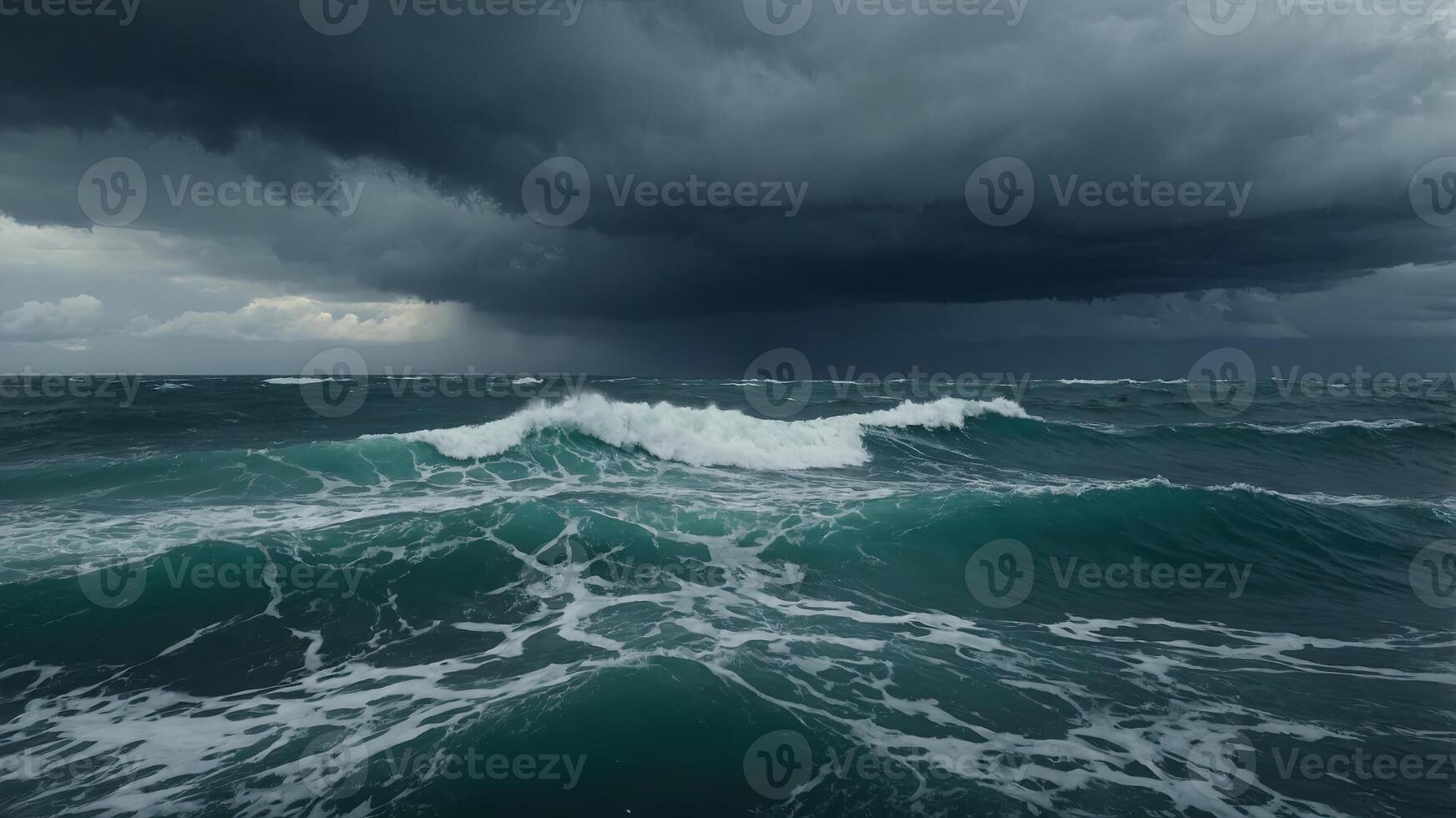 The ocean with stormy clouds and churning waves. photo