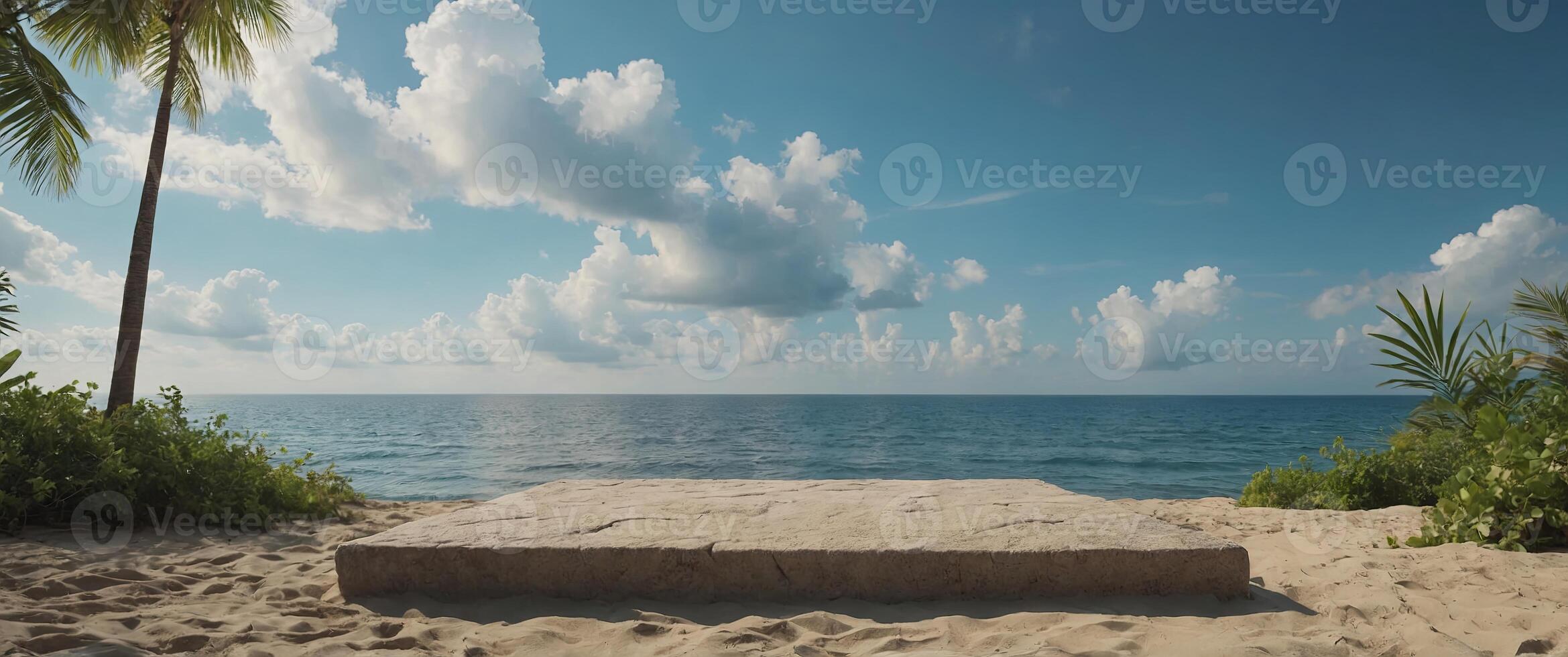 Stone podium stand in Summer sand and tropical sea background, Empty minimal stage design holiday sea beach sky cloud. photo
