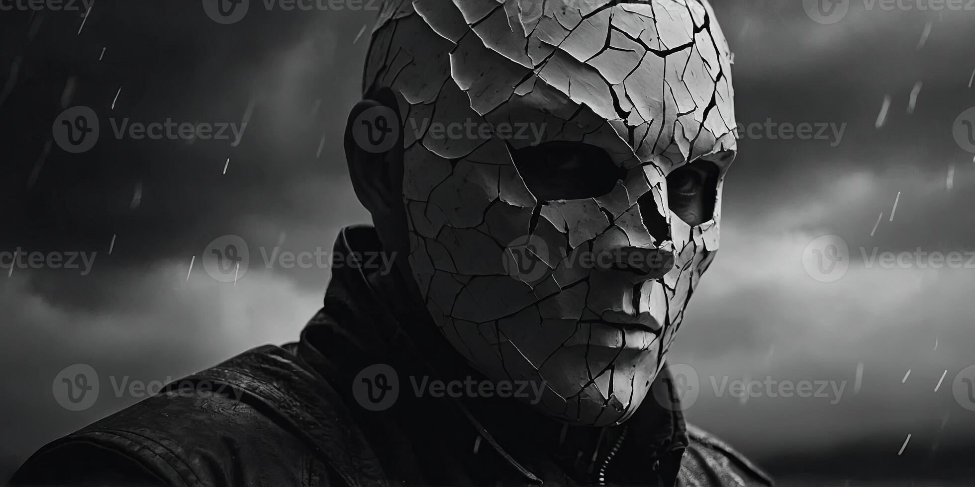 A figure with a cracked mask, revealing a storm inside, sketch, monochrome, intense. photo