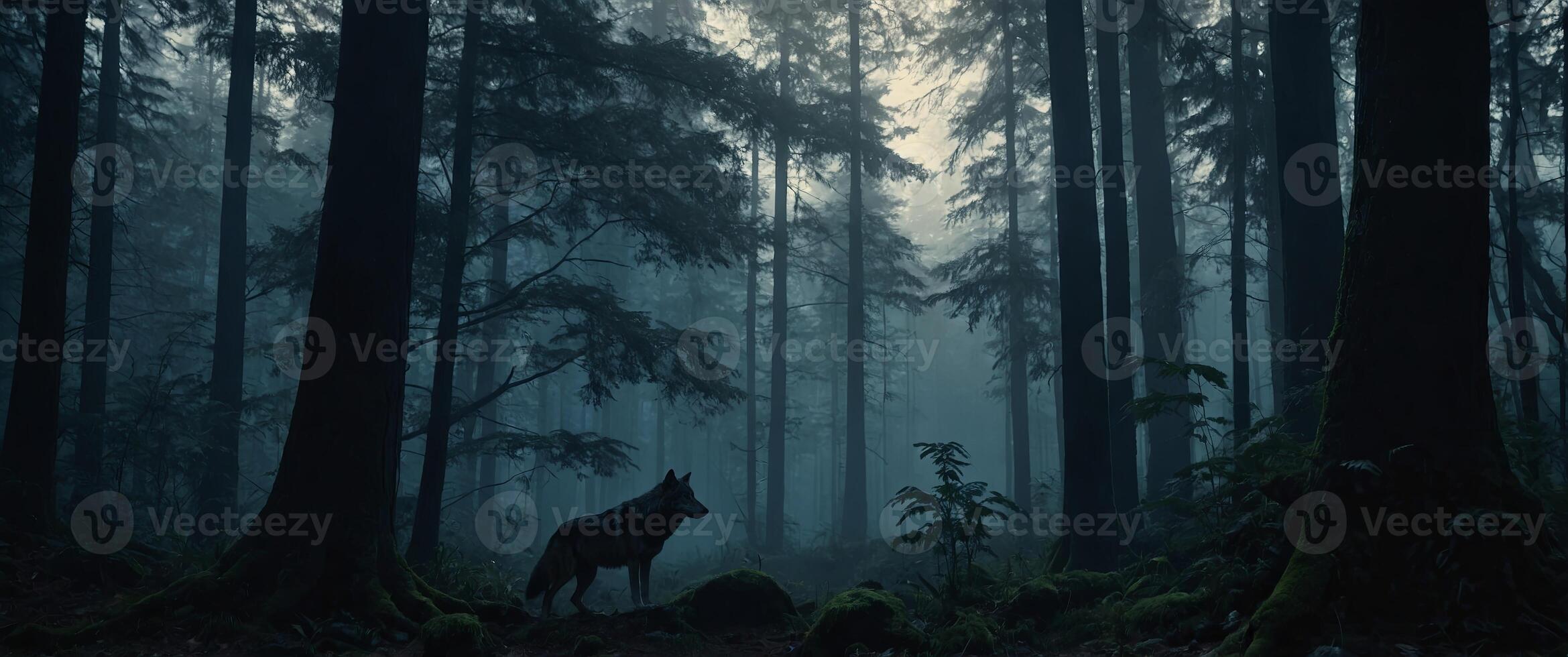 Silhouette of a wolf in a foggy dark fantasy forest. photo