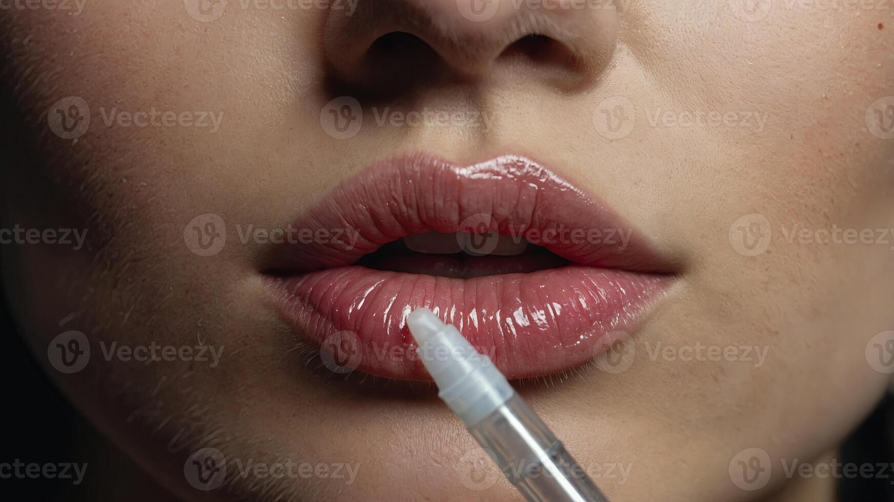 A close-up image capturing the process of a lip injection This image can be used to showcase cosmetic procedures and beauty enhancements. photo
