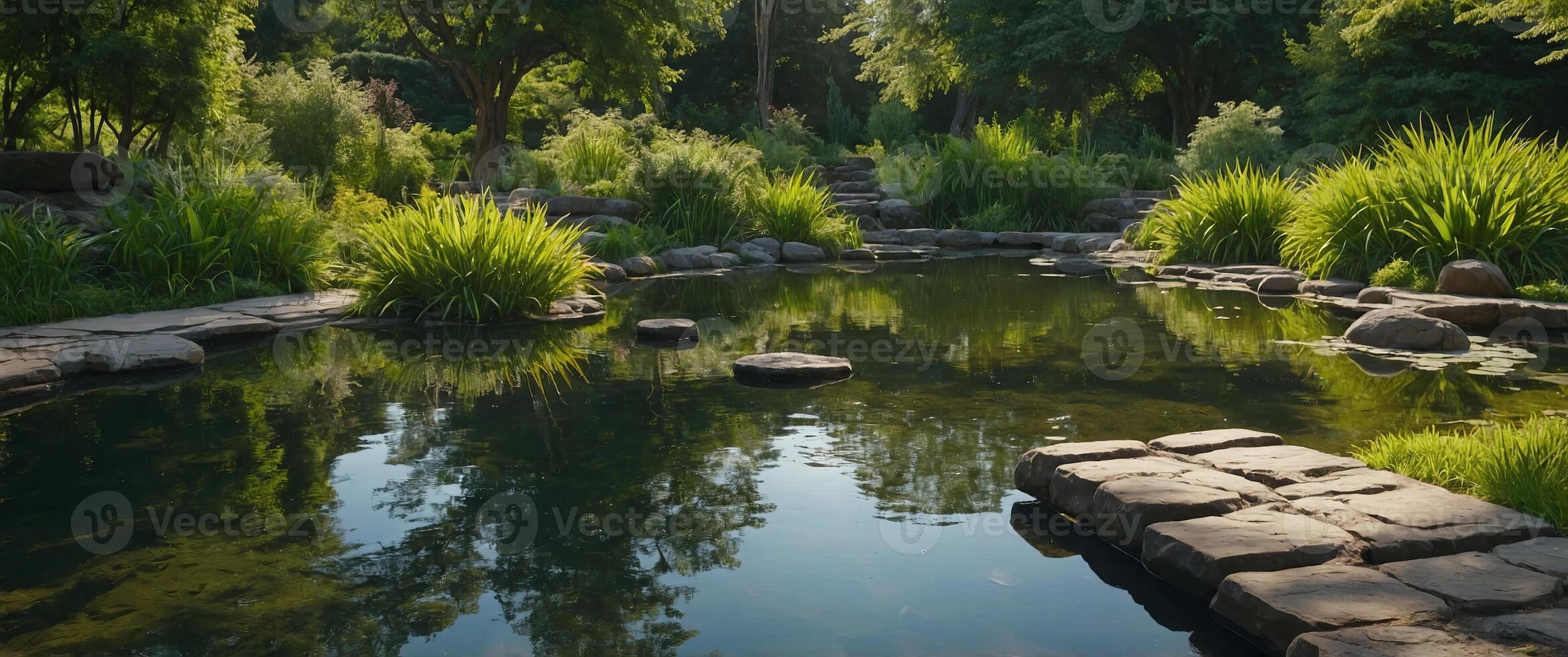 Tranquil Pond With Lush Green Foliage and Stone Stepping Stones in a Sunny Park. photo