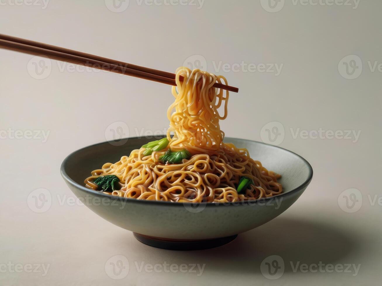 Freshly cooked Dan Dan noodles. With chopsticks in a bowl on white background photo