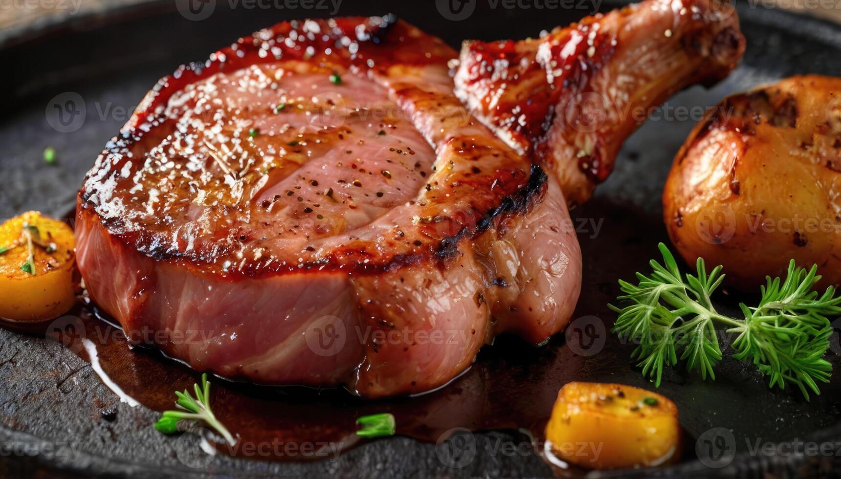 Grilled pork chop with vegetables on pan, closeup. Space for text photo