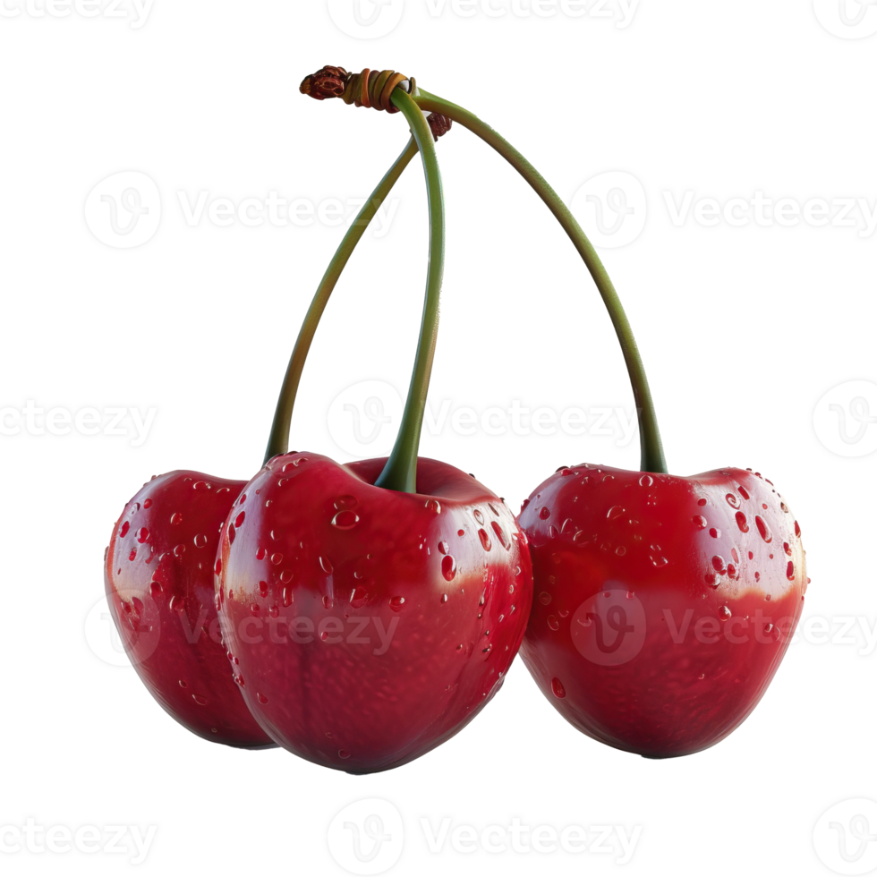 Three ripe cherries with water droplets png