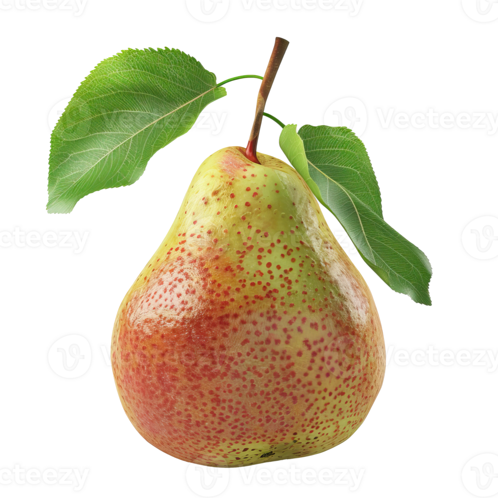 a pear with green leaves png