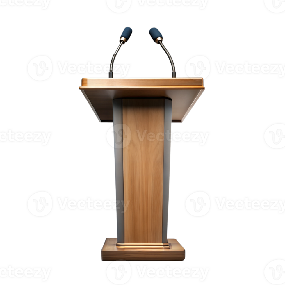 Wooden podium with microphones set up for a speech or presentation png