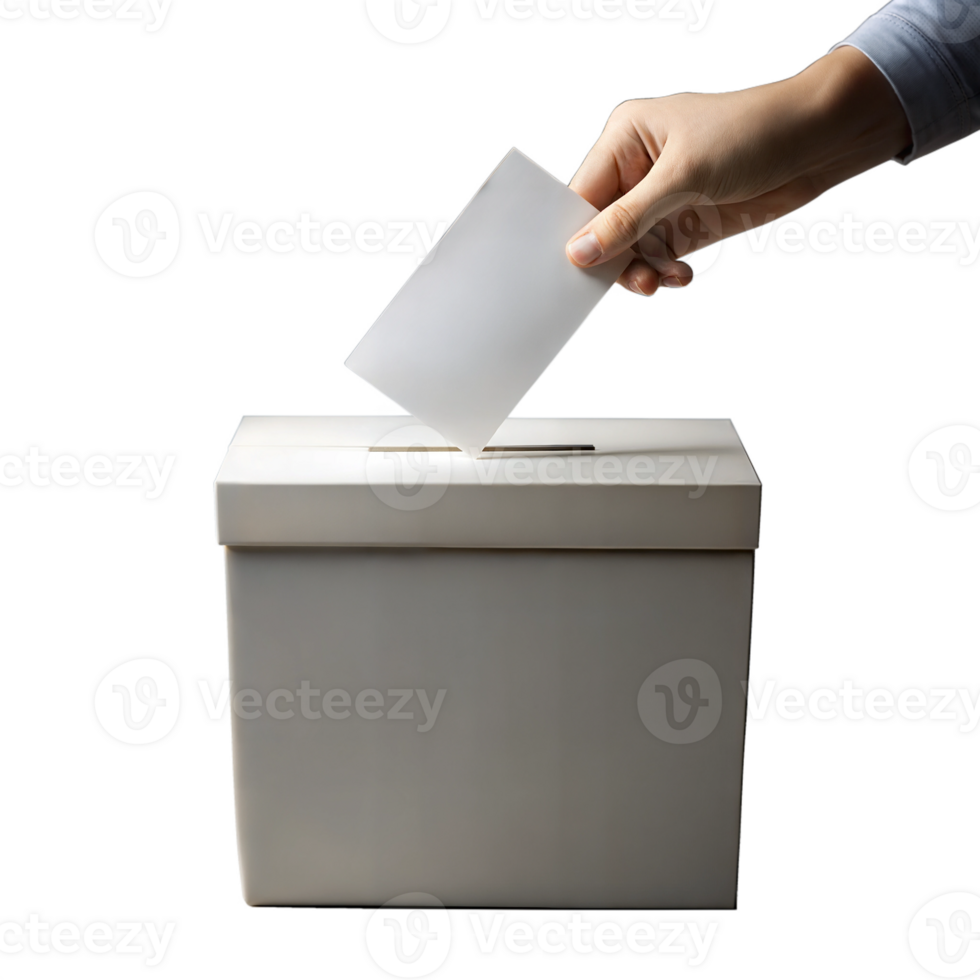 Hand placing a ballot in a box, symbolizing voting, elections, and democracy. png