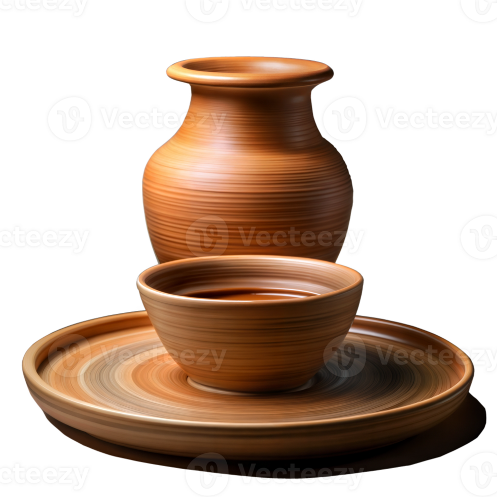 Pottery set with beautifully crafted clay pots on a display png