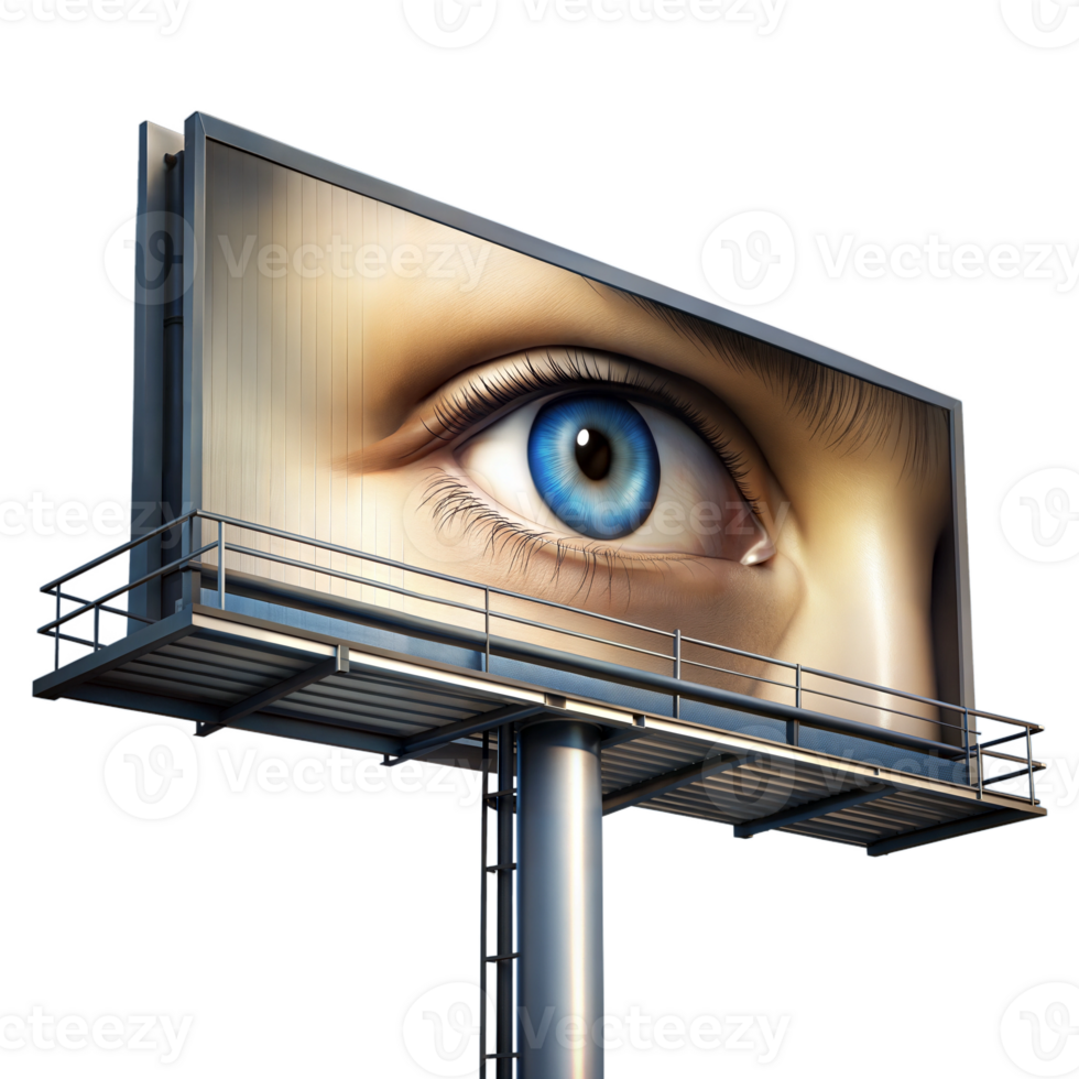 Eye on a billboard, symbolizing advertising, surveillance, and public awareness. png