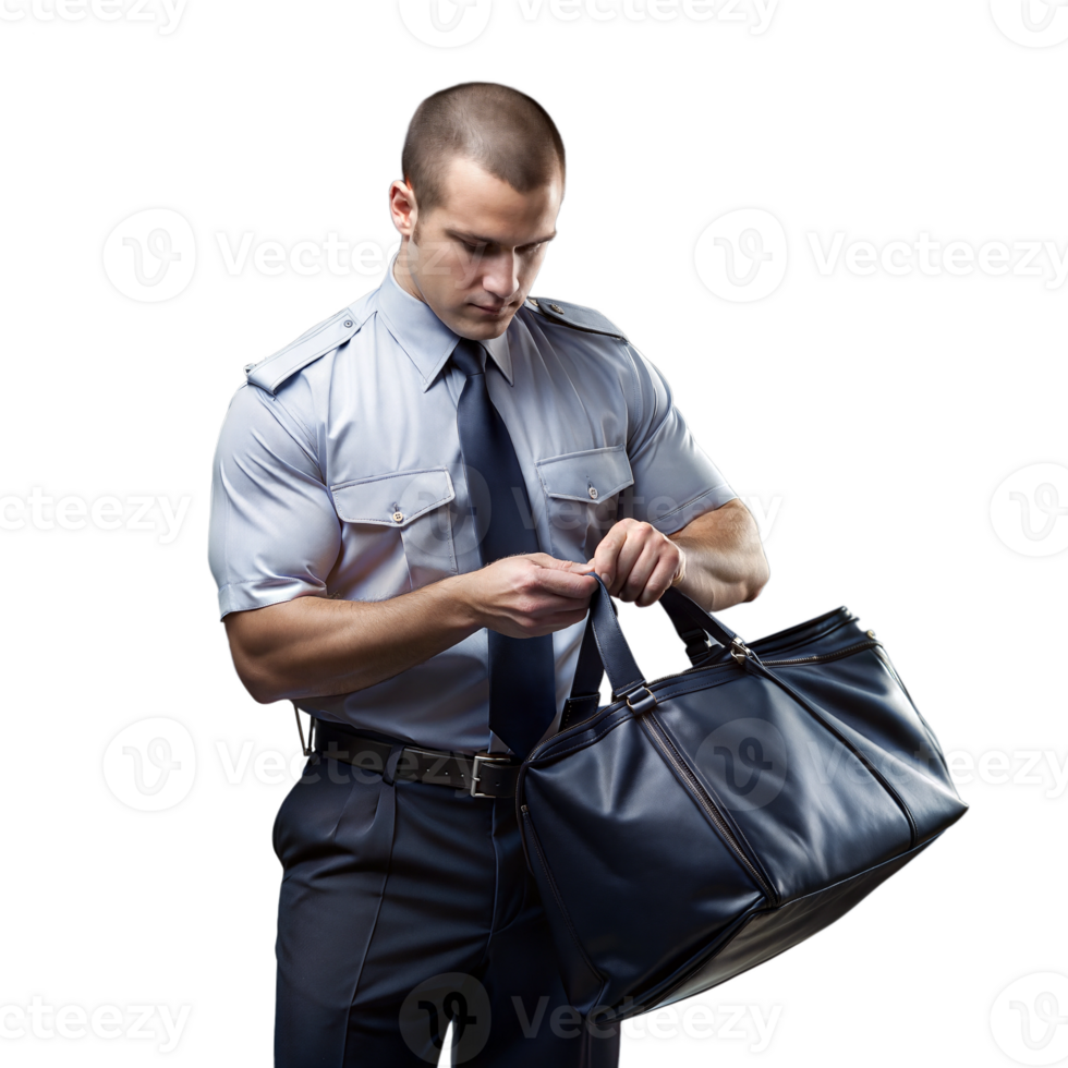 Security officer inspecting a bag as part of a security check png