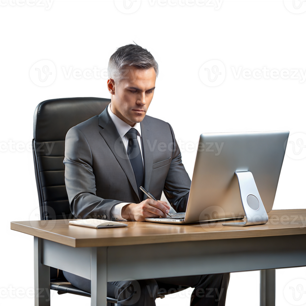 Businessman in a suit working on a laptop at a desk png