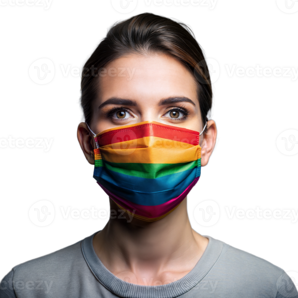 Woman wearing a rainbow-colored face mask, showing support for LGBTQ pride png