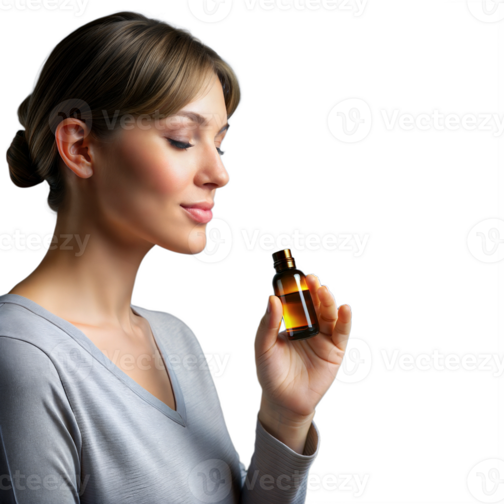 Woman enjoying the scent of essential oils from a small bottle png