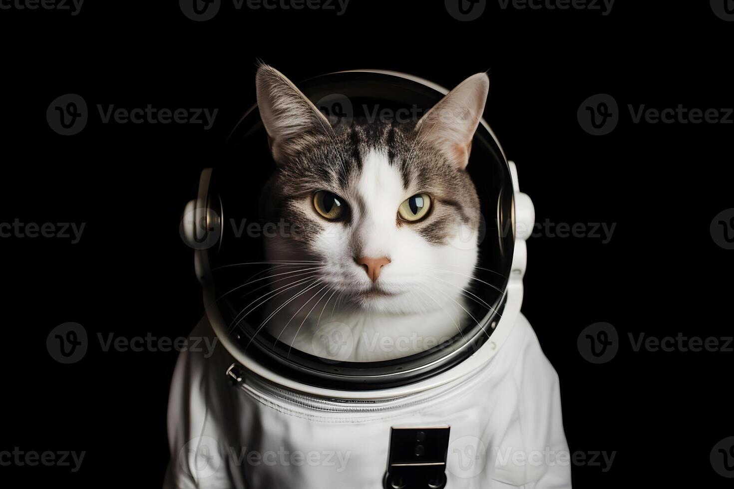 Brave cat astronaut at the spacewalk. Neural network photo