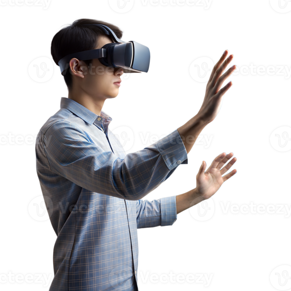Man using a virtual reality headset, exploring a digital environment png