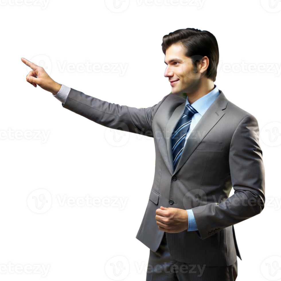Businessman pointing confidently, wearing a suit and tie png