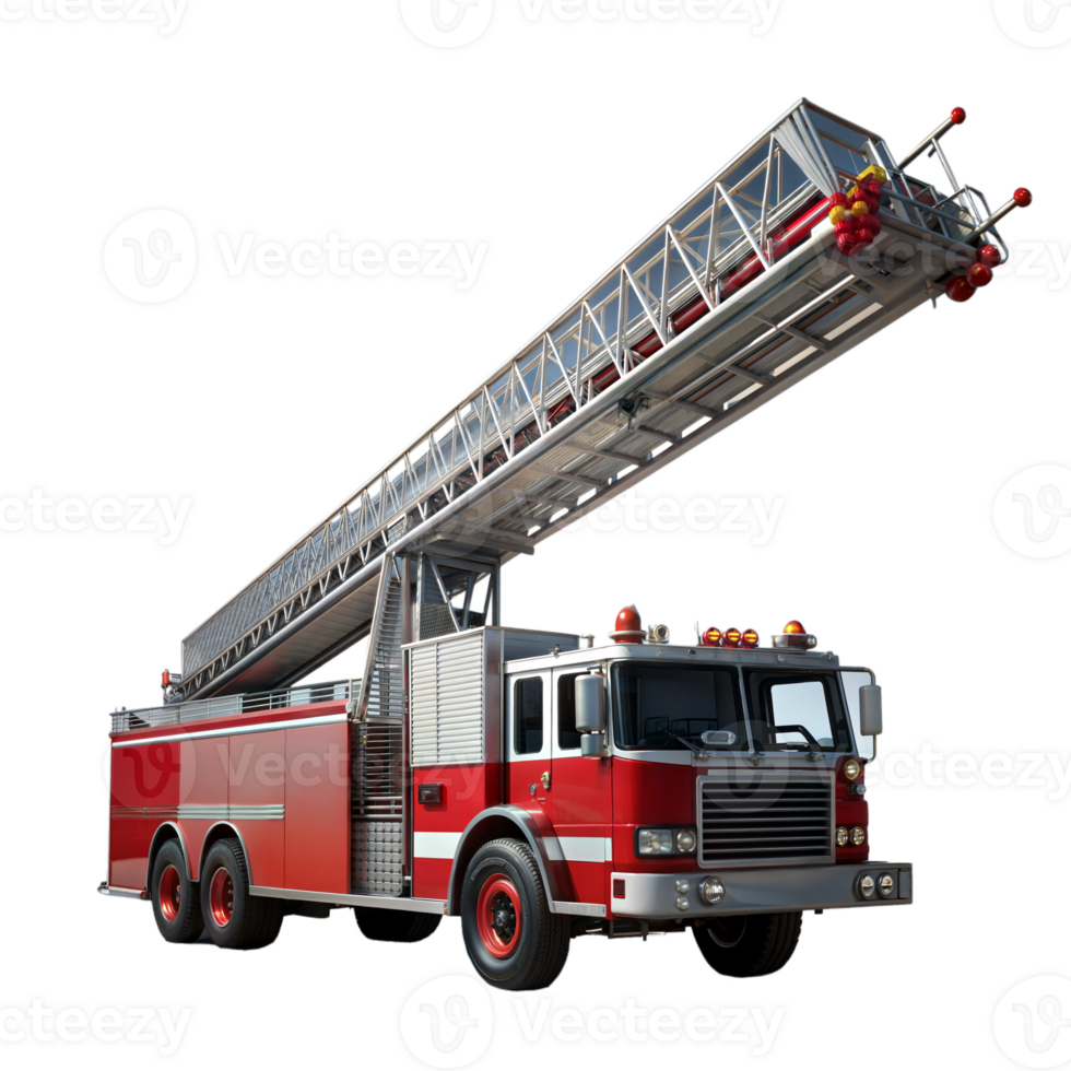 Fire truck with an extended ladder, representing firefighting, emergency response, and rescue operations. png