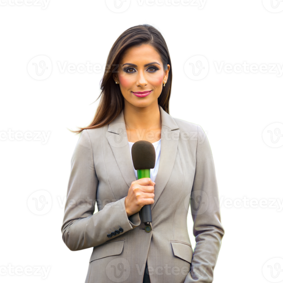 Female news anchor with microphone, representing journalism, broadcasting, and delivering news professionally. png