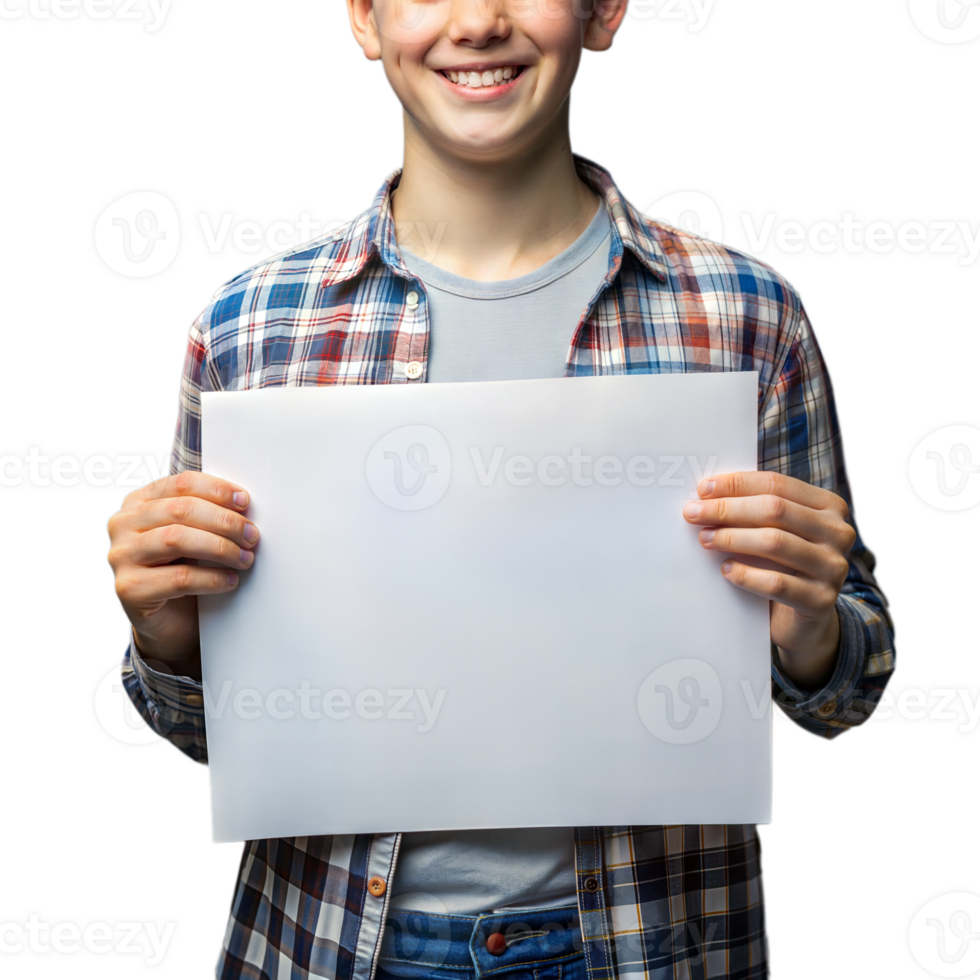 Smiling person holding a blank white board, inviting for messages or artwork png