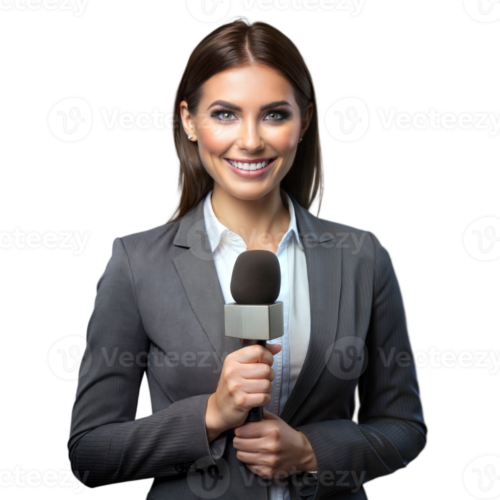 Female news anchor with microphone, symbolizing journalism, broadcasting, and delivering news in a professional setting. png