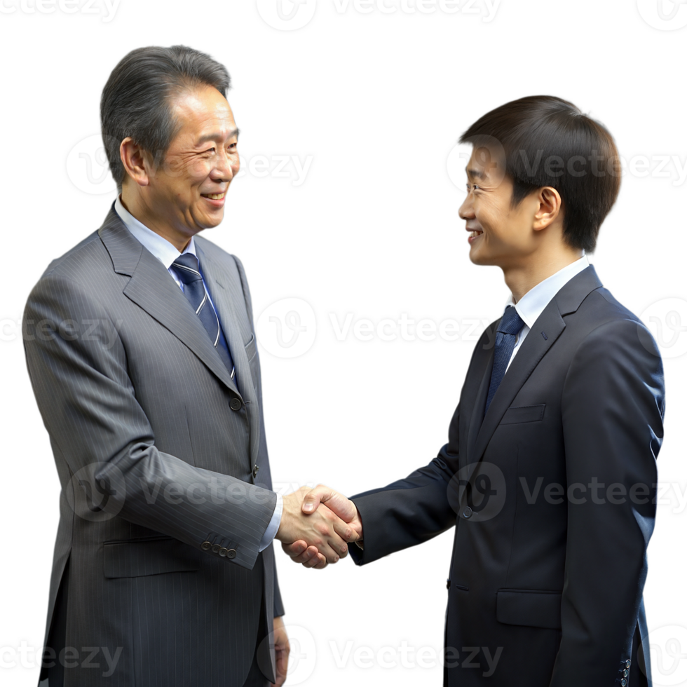 Businessmen shaking hands, symbolizing agreement, partnership, and professional networking in a corporate setting. png
