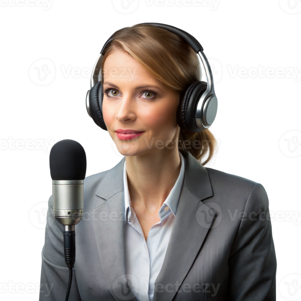 Woman with headphones speaking into a microphone, possibly recording or broadcasting png