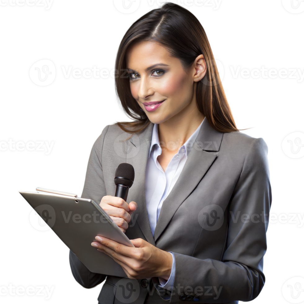 Female journalist interviewing with a microphone and notepad, symbolizing journalism, news reporting, and media. png