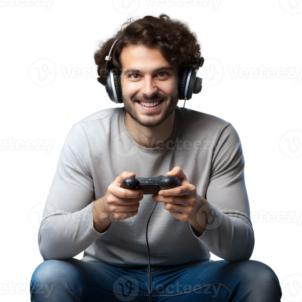 Man smiling while playing a game, wearing headphones png