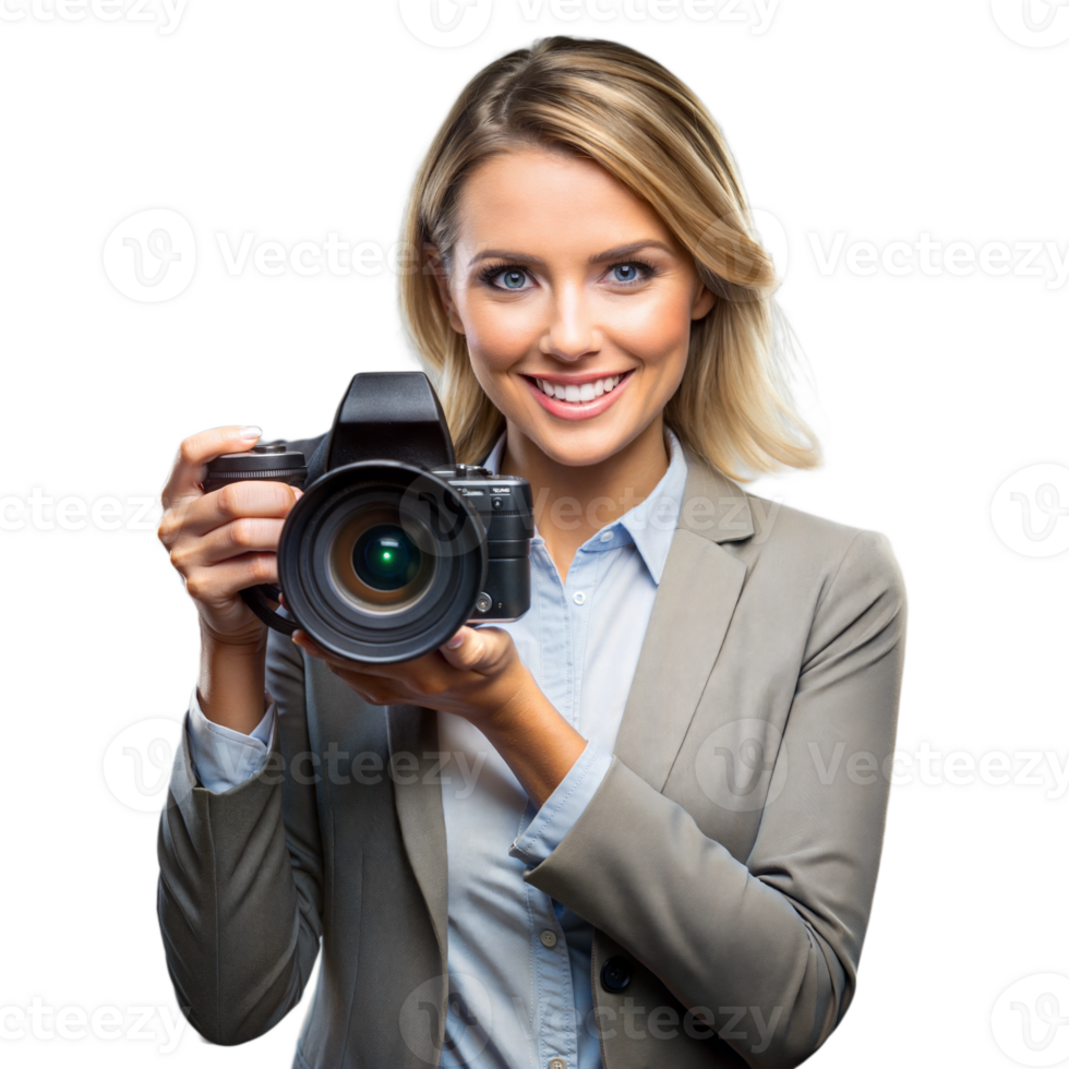 Smiling woman holding a camera, possibly a professional photographer png
