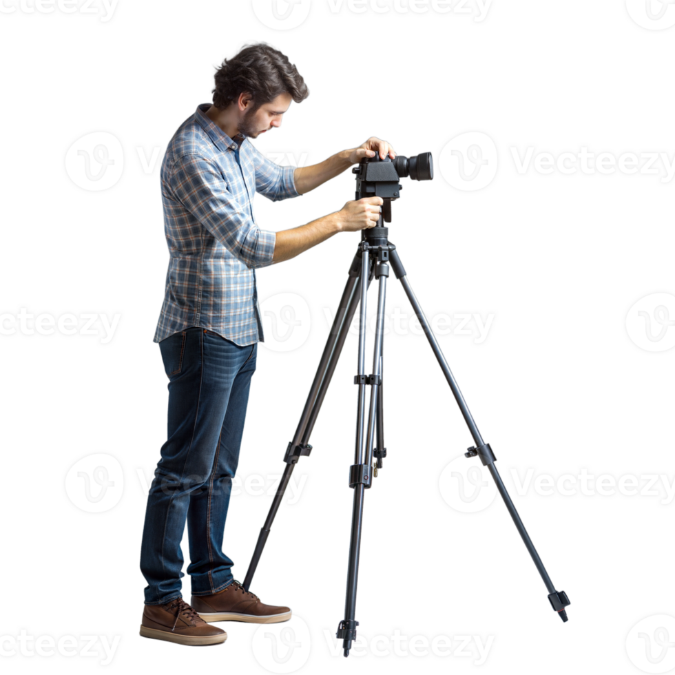 Man setting up a camera on a tripod, preparing for a photo or shoot png