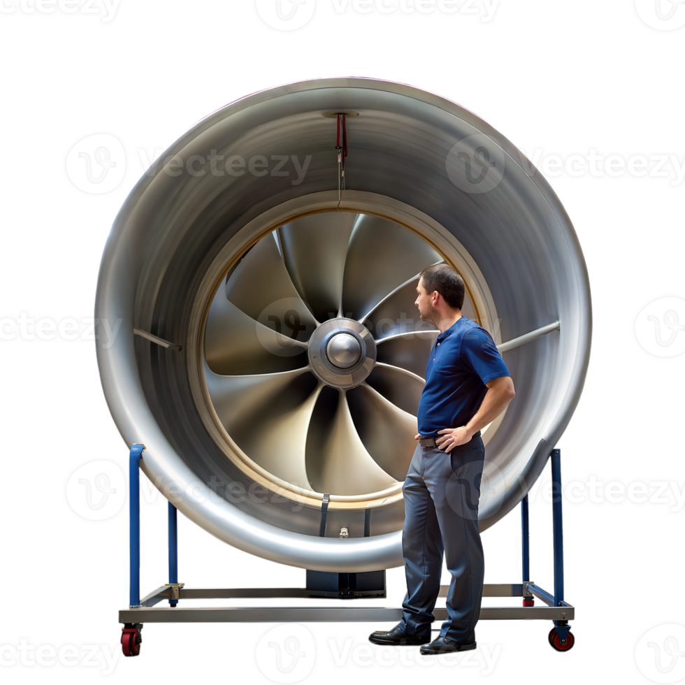 Engineer inspecting a large industrial fan, possibly for maintenance or testing png