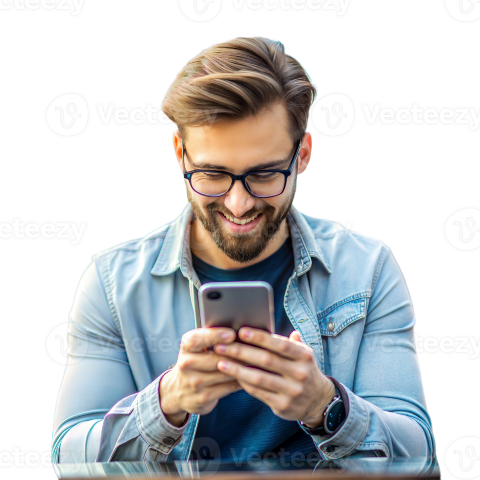 Man smiling while using a smartphone, possibly enjoying content or chatting png