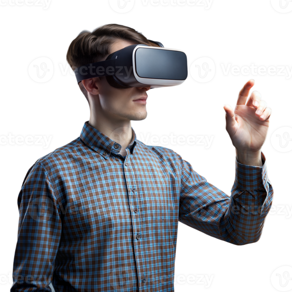 Man wearing a virtual reality headset, exploring a virtual environment png