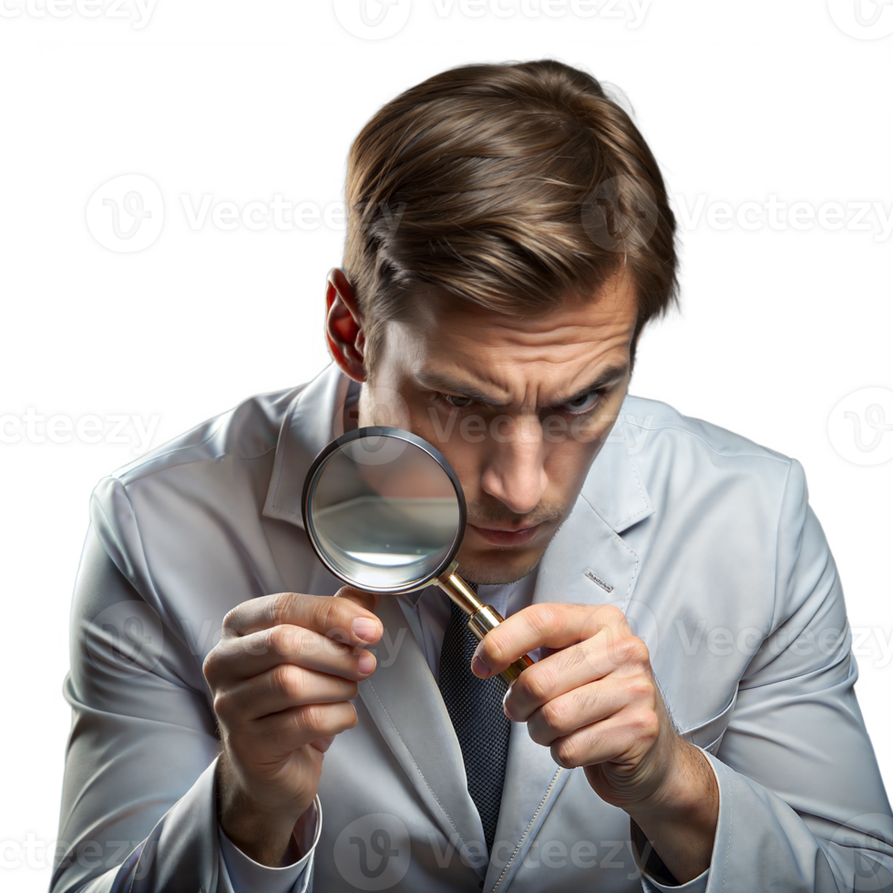 Scientist examining a sample with a magnifying glass in a lab png