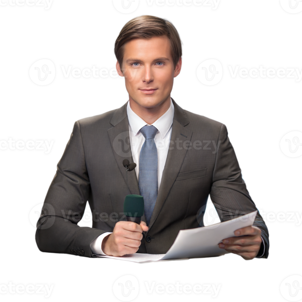 Professional news anchor at a desk, symbolizing broadcasting, journalism, and delivering news in a studio setting. png