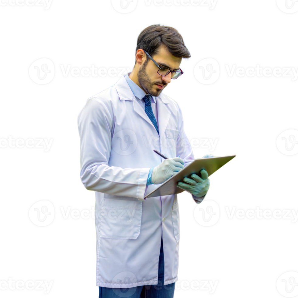 Male doctor reading patient records or a medical chart, possibly reviewing case notes png