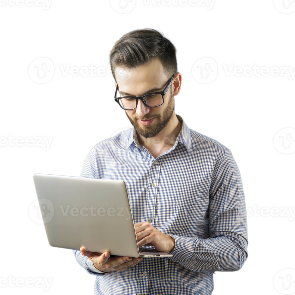 Man working on a laptop, representing modern work, digital communication, and remote work capabilities in a professional setting. png