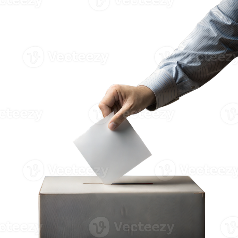 A person placing a vote into a ballot box, symbolizing democracy, voting rights, and civic participation in elections. png