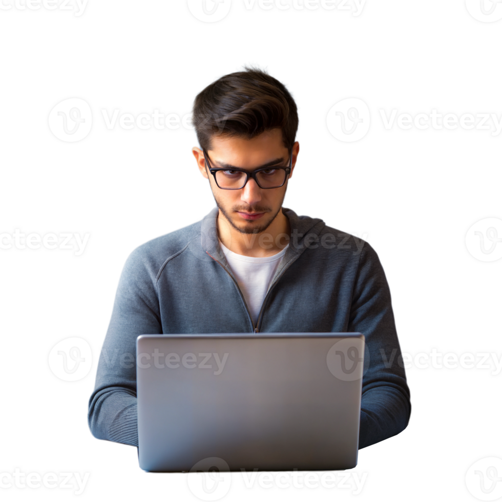 Man working on laptop, deeply focused on task png
