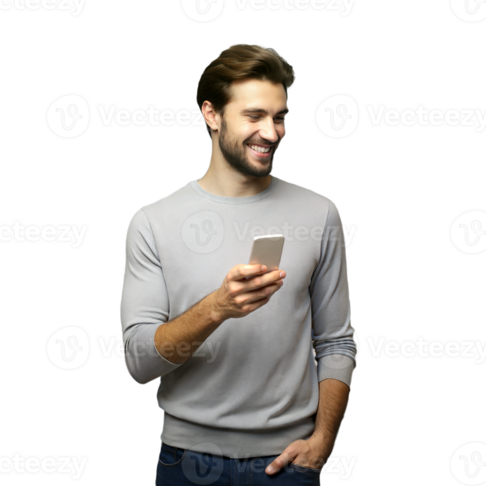 Man using smartphone, smiling and casually dressed png