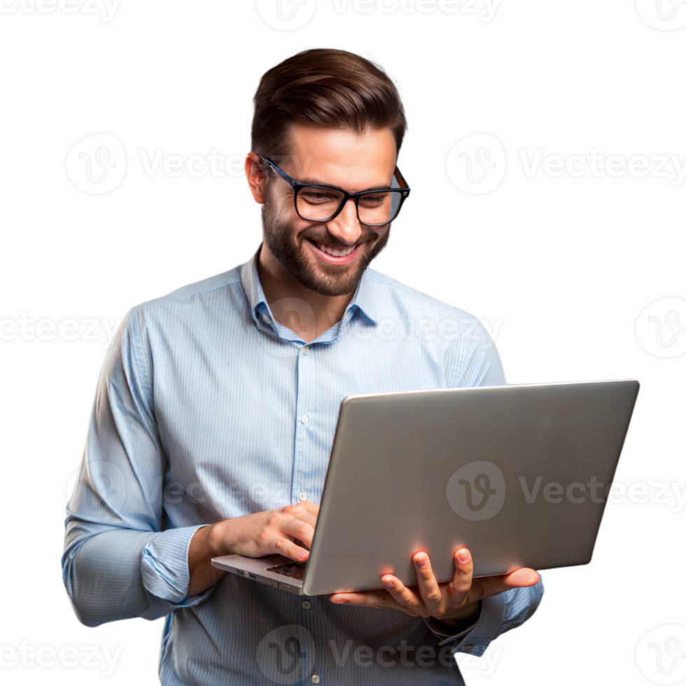 Man smiling while using a laptop, possibly working or studying png