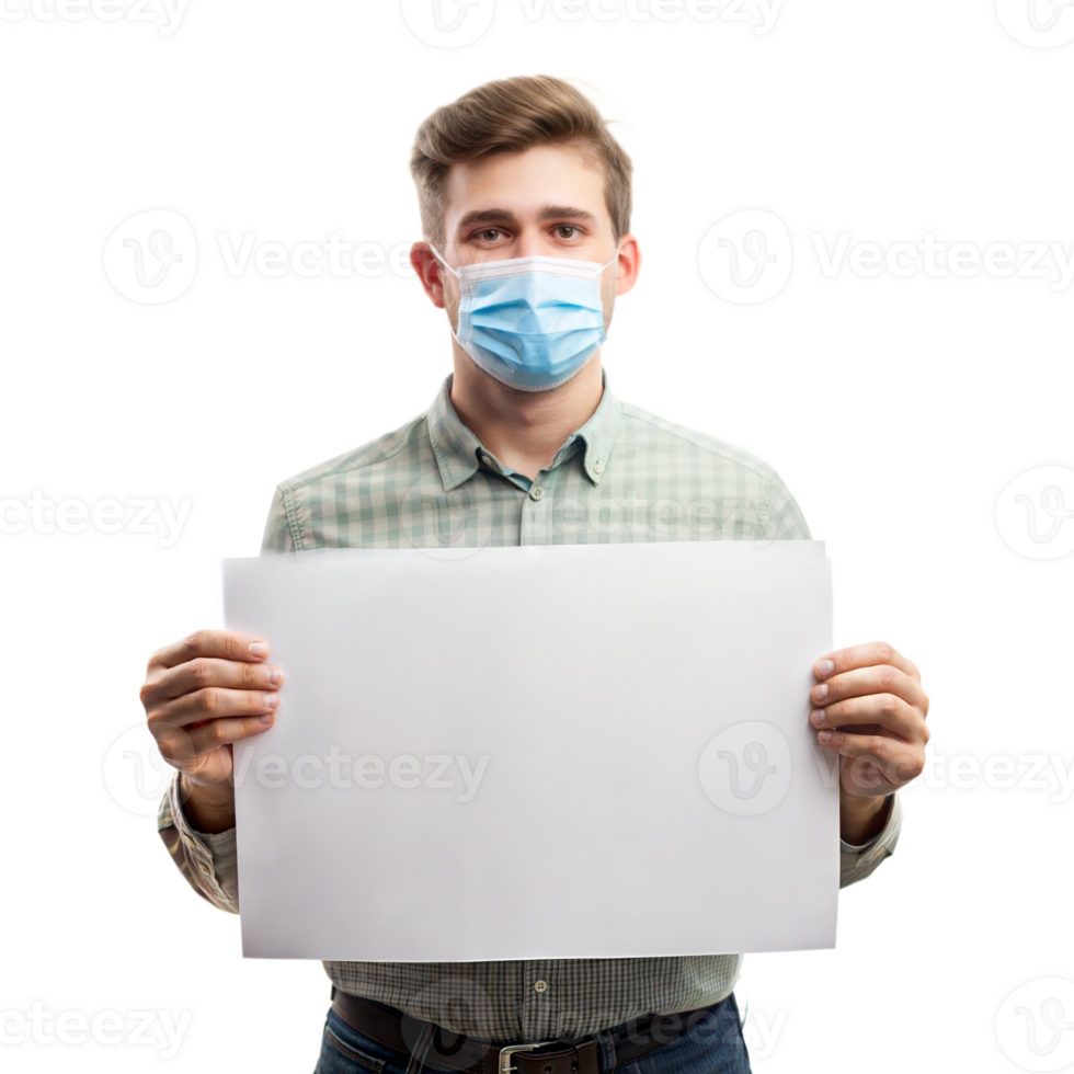 Man wearing a mask, holding a blank sign, advocating for a cause png