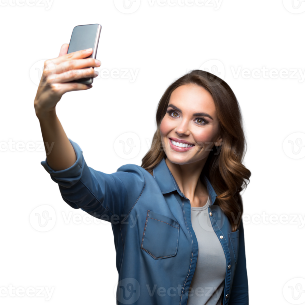 Woman taking a selfie with a smartphone, smiling png